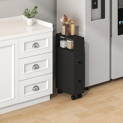 [en.casa] Nischenschrank auf Rollen Broreynna Badezimmerschrank schmal 66 x 15 x 33 cm Rollwagen Nischenregal 2 Schubladen 1 offenes Fach Nischenwagen Schwarz