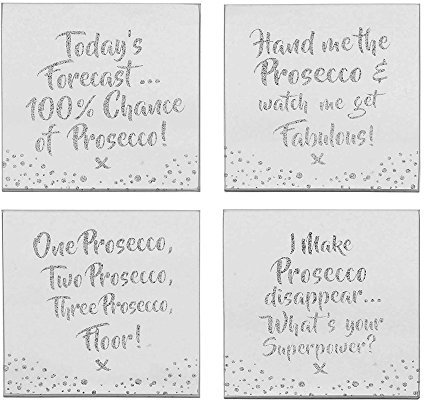 The Leonardo Collection Set mit 4 Glasuntersetzern, hitzebeständig, Silber, mit Prosecco Glitter-Slogans
