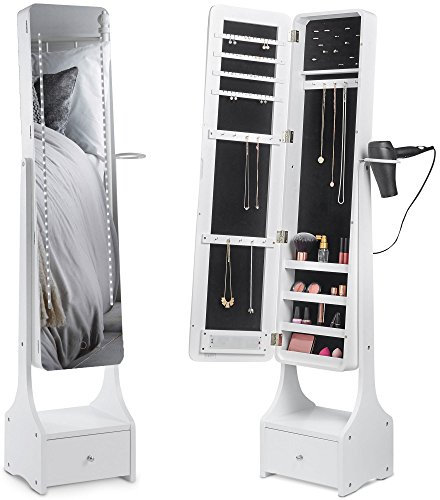 BTFY Storage Mirror, Full Length Freestanding Armoire, Tilting Jewellery Cabinet & Floor Mirror for Earrings, Rings & Necklaces - Jewellery Storage Organiser w/ LED Lights, Hairdryer Ring & Shelves