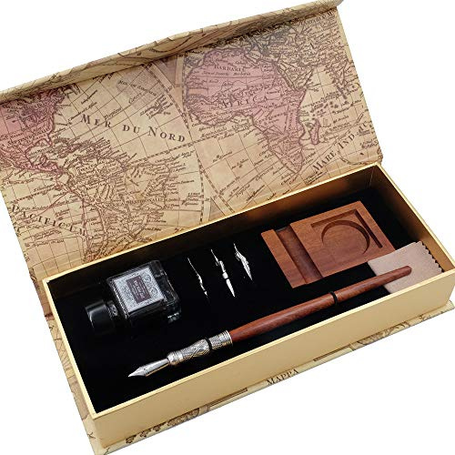 GC LL-182 Kalligraphie-Stift-Set, antikes Holzstiel-Set, Schreibmappe mit schwarzer Tinte, Holzhalter, Patronen