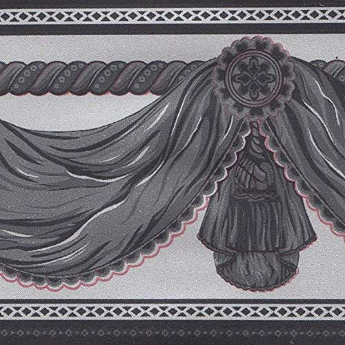 Dundee Deco BD3213 Faux Anthrazit Schwarz Vorhänge Hellgrau Tapeten Bordüre Retro Design Rolle 10 m x 10 cm, selbstklebend Tapetenbordüre
