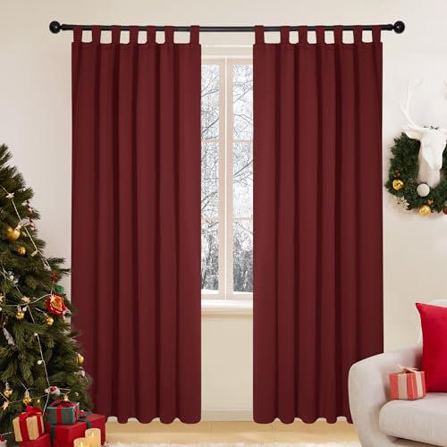 Deconovo Blickdichter Vorhang Grdinen Schlaufen Verdunkelungsvorhang Wohnzimmer Vorhänge, 280x140 cm(HöhexBreite), Rot, 2er Set