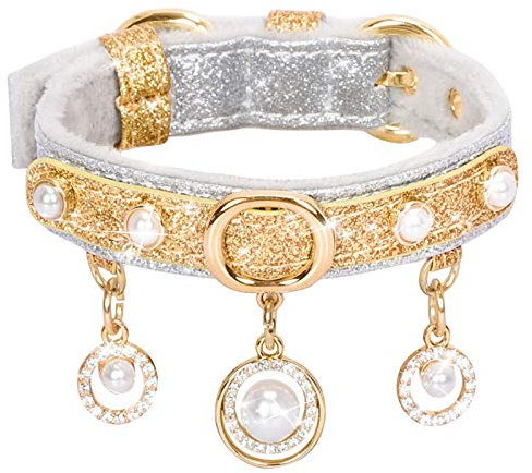 PetsHome Katzenhalsband, Hundehalsband, Bling PU Leder Verstellbares Haustier Halsband mit niedlichen Perlen und Luxus Anhänger für Katze und kleine Hunde, kleine Silber