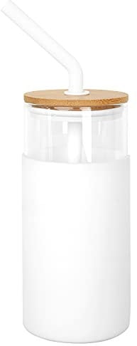 ANOTION Gobelet en verre avec paille et couvercle, 680 ml, gobelet de voyage avec housse de protection en silicone, couvercle en bambou, blanc