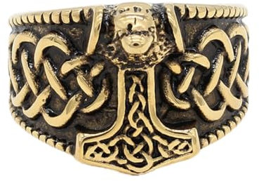 Männer Thors Hammer Mjolnir Wikinger Ring, Männer Odin Raven 316L Edelstahl Norse Symbol skandinavisch Schmuck (Color : Gold, Size : 12)