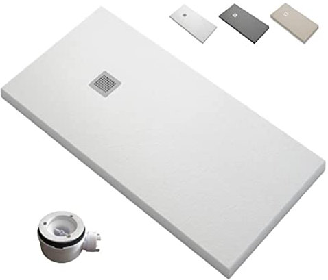 Plato de Ducha RESINA Extraplano EstiloBaño® DACOTA - Antideslizante TEXTURA PIZARRA -Todas Las Medidas Disponibles -Varios colores -【70x120, Blanco Ral-9003】- Incluye Válvula desagüe + Rejilla