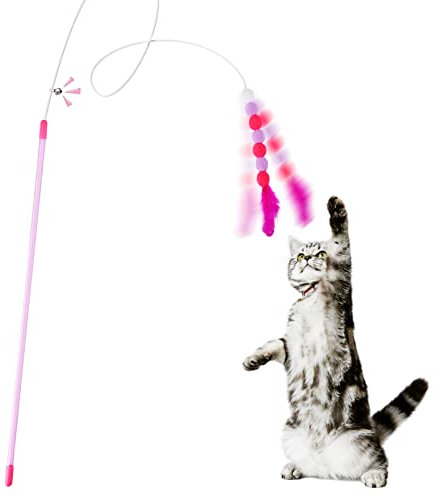 Cobee Cat Feather Toys - Soft Wand with Bell Pompom, Interactive Cat Teaser for Indoor Kittens