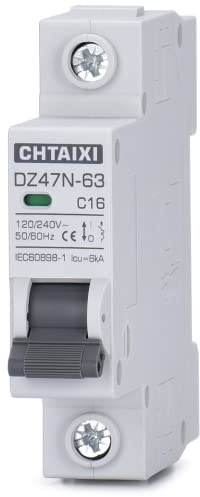 Chtaixi Interruttore automatico in miniatura AC, 16 Amp 120V/240V 1 Polo DIN Rail Mount Circuit Breaker, Viaggio magnetico termico, Interruttore di disconnessione CA solare MCB C16