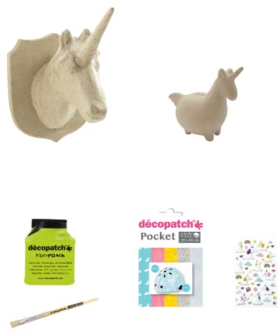 Décopatch (gamme loisirs Clairefontaine) SA180AMZC - 1 lot créatif ''Licornes'' comprenant 2 supports en papier brun, 1 pinceau, Vernis colle, des gommettes 3D et 5 feuilles de papier imprimé 30x40 cm