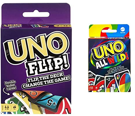 Mattel Games GDR44 - UNO Flip Kartenspiel, deutsche Sprachversion, ab 7 Jahren & HHL33 - UNO All Wild Kartenspiel mit 112 Karten, Kinderspiel, Familienspiel und Gesellschaftsspiel, ab 7 Jahren