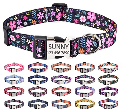 Mihqy Personalisierte Hundehalsbänder mit Eingraviertem Namen und Telefonnummer, 10 Colors& 4 Größen für Kleine, Mittlere und Große Hunde(Blume,S)