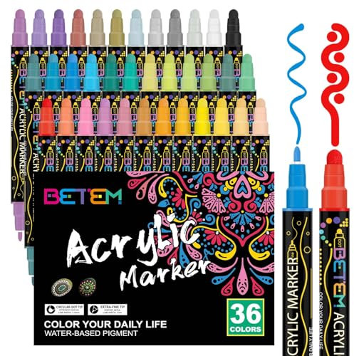 Betem 36 Couleurs Feutre Acrylique à Double Pointe, Stylo Marqueur Peinture Acrylique pour Bois, Toile, Pierre, Tissu, Peinture sur Roche, Verre, Surfaces en Céramique, Objets Artisanaux DIY
