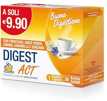 Digest Act, Bevanda Solubile a base di Finocchio, Anice verde, Cumino, Camomilla e Genziana al Gusto Anice - 1 Confezione 30 Bustine