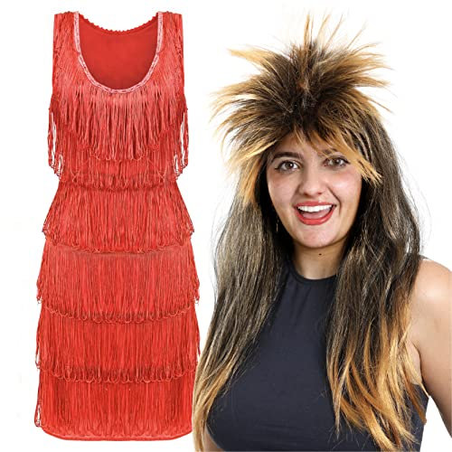 Ladies 80's Pop Star Costume - Red Dress With Fringing and Dark Blonde Wig - Perfect for 80s Themed Party and Other Fancy Dress Events