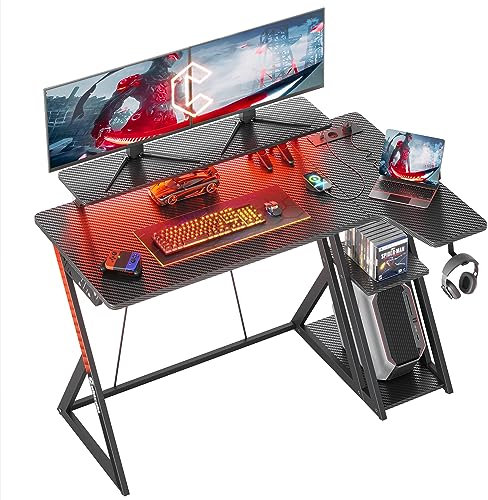 CubiCubi Gaming Bureau Informatique avec étagères, 120 cm Petit Bureau d'angle en L avec étagères, Bureau Informatique réversible Bureau avec bibliothèque, Noir
