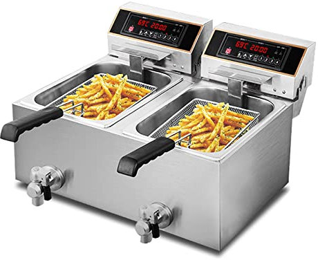 Freidora eléctrica Profesional, Temporizador de freidora Comercial y válvula de Drenaje de Grifo freidora de Acero Inoxidable para Cocina de Restaurante (20L)