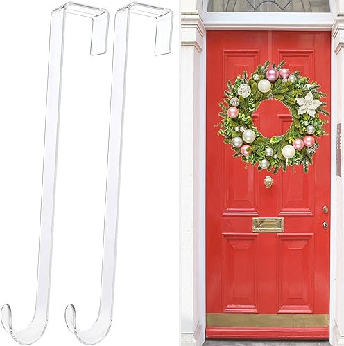 Wreath Hangers for Front Door,15 in Door Hanger Hook Clear Wreath Hanger,2 Pack Non Scratch Over The Door Hooks Fall Halloween Christmas Decorations Indoor Outdoor,Welcome Sign for Front Door Decor
