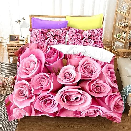 Bettwäsche 155x220 Rosen Bettwäsche-Sets Weiche Atmungsaktiv Mikrofaser Rosa Bettbezug mit Reißverschluss 1 Deckenbezug und 2 Kissenbezüge 80x80
