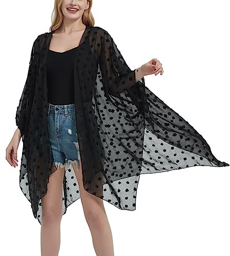 Women's Beach Long Swimwear Cover Up Swiss Dot Chiffon Kimono Cardigan Swimsuit