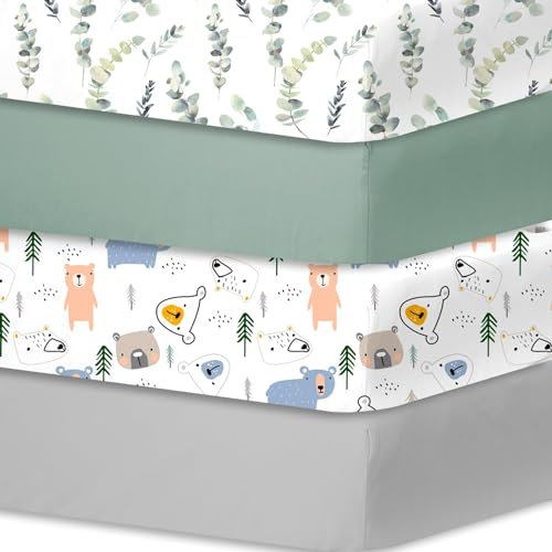 Bimocosy Spannbettlaken 70x140cm, 4er Set für Babybett & Kinderbett, Weiche Mikrofaser, Atmungsaktiv & Oeko-TEX Zertifiziert, Waschbar, Blätter/Grün/Bär/Grau