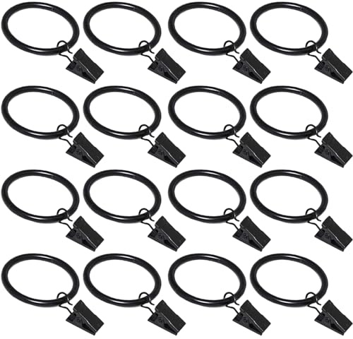 16 Pack Curtain Rings with Clips, Window Clip Rings Black Curtain Hooks Hangers Clip Rings for Hanging Drapery Drapes Bows, Small 1.26 Inch in Diameter, Fits up to 1 Rod