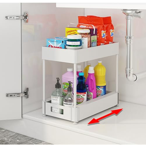 Indalindo - Organizador Bajo Fregadero para Almacenaje de Productos - Organizador Cocina para Armario Bajo de Limpieza - Sistema de Cajon Extraible con Rodamiento y Tope (Blanco)