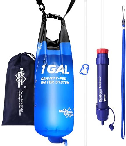 Membrane Solutions Gravity Wasserfilter Outdoor, 1 Gallonen(3.79L) Wasserbeutel Camping, Filtergenauigkeit bis zu 0,1 Mikron, Entfernt 99,9999% E.coli, BPA-frei, für Notfälle, Wandern, Reisen