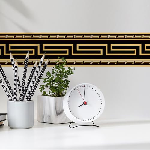 funlife 4M Black Gold Greek Key Pattern Wallpaper Border Peel and Stick, Vintage Decorative Wall Borders Trim Molding Peel and Stick Bedroom Living Room Home Decor, PVC Greca