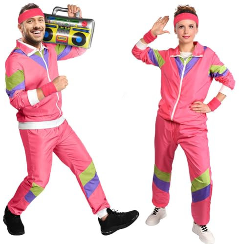 Aomig Déguisement Année 80 Homme Femme Costume Années 80 Survêtemen, Rétro Disco Hippie Survêtement Veste Pantalon Accessoire Bandeau Protège-poignets pour Carnaval Halloween Cosplay(Rose Rouge-XL)