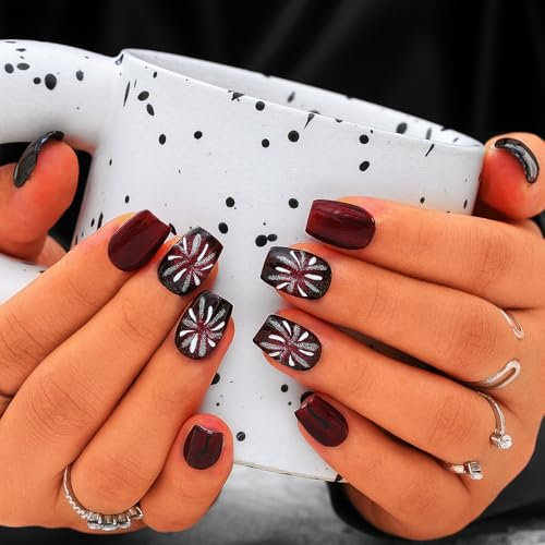 Sethexy Cat Eye Handmade Press On Nails Short Coffin Red False Nails Glossy Acrylic Fake Nails with Design Salon Nail for Women and Girls 10PCS (Red)