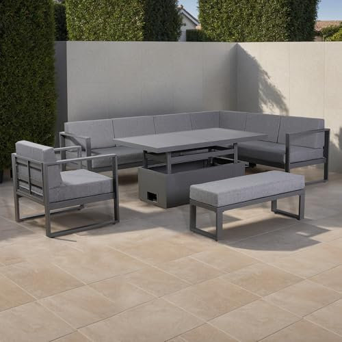 Rattan park Halo Range 9 seater Garden Furniture Square Corner Sofa Set With Rising Table, 6 Piece Set in Grey Aluminium Frame