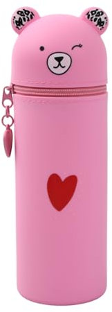 Trousse Silicone Verticale Kawaii, Porte-Stylo de Table Ours, Crayons Scolaire Cartoon, Sac de Papeterie de Bureau pour Étudiant, Cadeaux Rentrée (Rose)