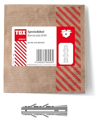 TOX Chevilles à expansion Barracuda 8x40 mm, Chevilles pour la brique pleine et le béton, valeurs de maintien très élevées, montage simple, 6 pièces dans un emballage papier refermable, 013600061