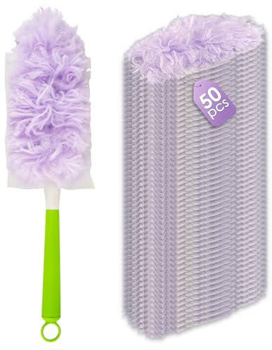 (50 Piezas) Recambios de Plumero para Swiffer Plumero Atrapapolvo, Kit de Repuesto de Plumero Multisuperficie Suave de 360° con 1 Mango Adicional, Cabezal de Cepillo Desechable para Quitar el Polvo