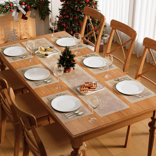 Famibay Platzsets und Tischläufer Weihnachten Platzdeckchen Set mit Tischläufer Tischsets Abwaschbar Hitzebeständig 6er Tischläufer Weihnachten Modern Gold 180cm für Küche Zuhause Speisetisch