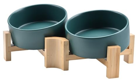SPUNKYJUNKY 15° Tilting Ceramic Dog Bowl with Wooden Stand, Food and Water Bowl, Non-Slip for Dogs and Cats with Flat Faces, Small and Medium Dogs (400 ml × 2, Green)