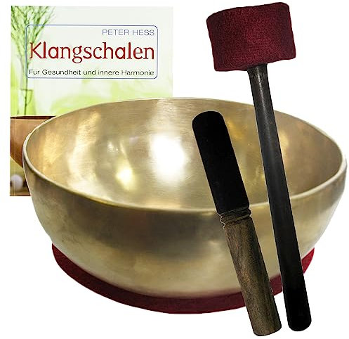 Klangschale GROSSE HERZSCHALE mit DUNKLEM TON Therapie-Qualität 4-teiliges Klangmassage-Set + BUCH von Peter Hess. Therapieklangschale 1100-1300g ca.20-22 cm mit Kissen, Klöppel. 70053