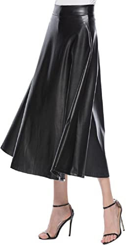 Damen Lederrock Schwarz Knielang - Plissee Rock Midi Vintage Pu-Lederrock Mini High Taille Casualrock Stretchy Einfarbig Slim Rock Stretchy Plisseerock Midirock Party Rock A-Linie Faltenrock