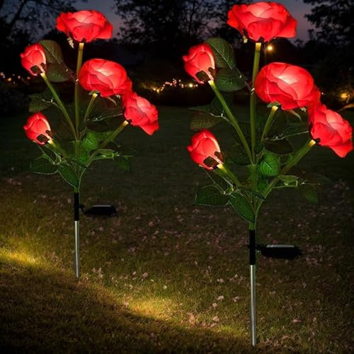 Hqynss Solarlampen für Außen Garten, 2er-Pack, IP65 Wassergeschützt Solar Blumen, Rosen Deko für Balkon, Terrasse, Rasen, Zaun (Rot)