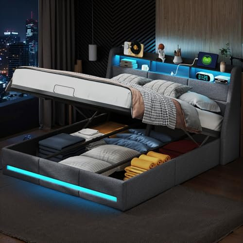 PerGar Doppelbett Polsterbett 140x200cm, Hydraulisch Stauraumbett Funktionsbetten mit Staufach und Aufladen USB Ladefunktion, LED Beleuchtung Kopfteil, Grau, Leinen, Ohne Matratze