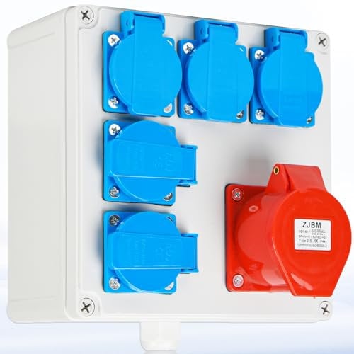 Warmfay Wandverteiler Baustromverteiler Vorverkabelt Stromverteiler, mit 5x 16A 230V Schuko Steckdosen + 1x CEE 16A 380V, IP67 Wasserdicht Gehäuse für Innen und Außen