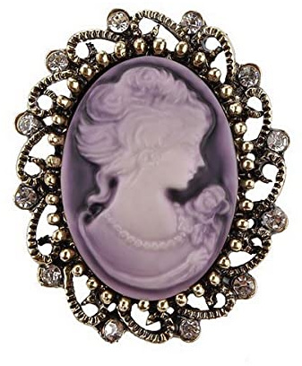 Broche bijou camée violet style vintage acier bronze.