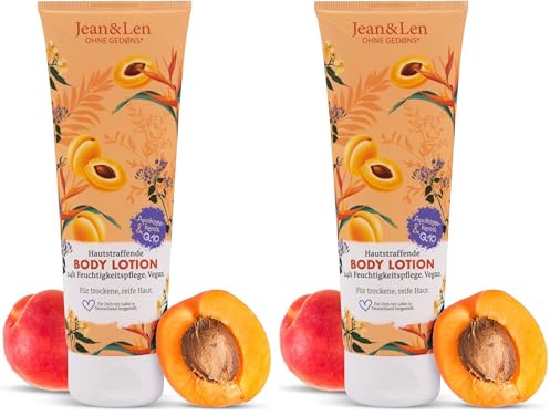 Jean & Len Hautstraffende Body Lotion Aprikosenkernöl & Q10, für trockene & reife Haut, verleiht bei regelmäßiger Anwendung geschmeidig-glatte Haut, ohne Parabene & Silikone, Bodylotion vegan, 250 ml