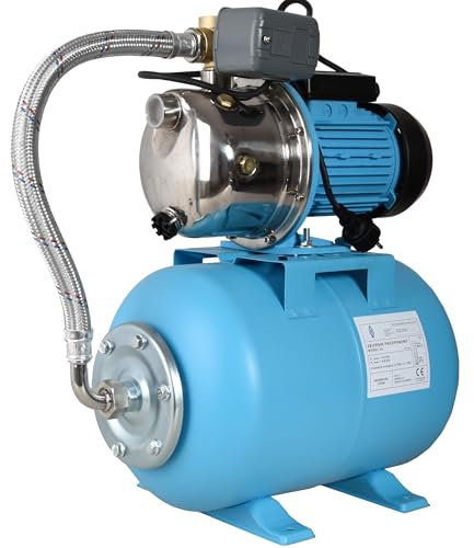Hauswasserwerk JS 1100 - Pumpe zur Hauswasserversorgung mit 24L Tank - Edelstahl INOX - Wasserpumpe (3600l/h, 1100W, Förderhöhe 50m) - EPDM Membrane, Druckschalter, Manometer - Membrankessel 24 Liter