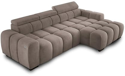 Ecksofa BULL 285x168x77/97 cm, Rechte Seite Mit Schlaffunktion, Elektrisch Ausziehbarer Sitzfläche, Verstellbaren Kopfstützen, Dunklen Buchenholzfüßen, Hydrophobem SALVADOR-Bezugstoff - Cappucino