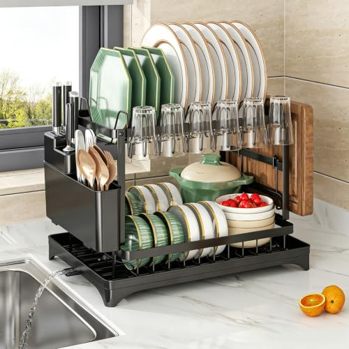 JIUGGLAD Abtropfgestell Geschirr, 2-Stufiges Geschirrabtropfgestell | Abtropfgestell mit Schwenkbarem Auslaufstutzen, Geschirr abtropfständer mit Einer Abtropfschale, Dish Drying Rack