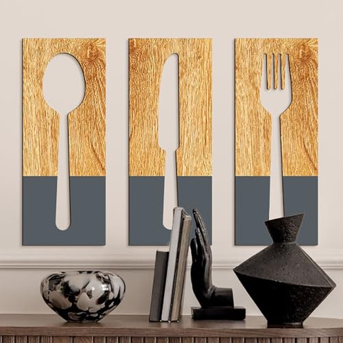 3 Stück Messer, Gabel, Löffel Wanddekoration, Rustikale Holz-Küchendekoration, Küchenutensilien Wandschild, Dekoratives Holzschild Zum Aufhängen Für Küche, Esszimmer, Café, Landhaus, Zuhause