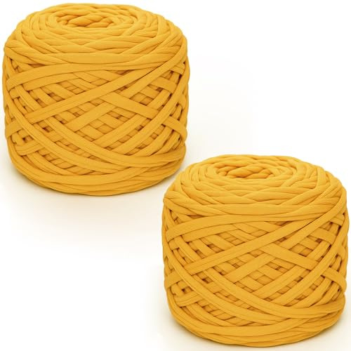 Lighterday Tshirt Garn,285 g x 2 Grobes T-shirt Wolle Elastisches Stoffgewebe Häkelgarn,Häkelwolle Textilgarn Zum Häkeln für Gehäkelte Körbe,Decke Chunky Yarn für Anfänger (Kurkuma)