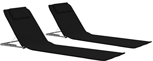QUAHEAS Klappbare Strandmatte 2er Set, Schwarz, Stahl & Stoff, 160x53x47cm, mit Verstellbarer Rückenlehne & Staufach, für Strand, Camping & Terrasse, Faltbare Sonnenliege, Pool Lounge Chair