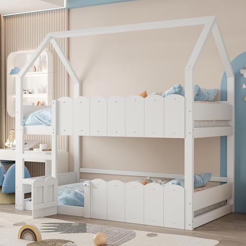 Rosebibi Kinder-Etagenbett 90x200cm, Hausförmiges Design mit erhöhten Sicherheitsgeländern. Das Obere Bett verfügt über Einen Lattenrost. Geeignet für Jungen und Mädchen (Weiß)